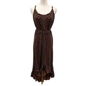 LYS Geometric Print Midi Dress Brown Black High-Low Hem 2X Boho Resort Resort